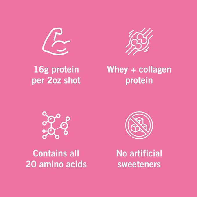 Protein Drink, 16g protein per 2oz shot, 32 fl oz carton, 2 Pack, berry and citrus, collagen and whey drink, no artificial sweeteners