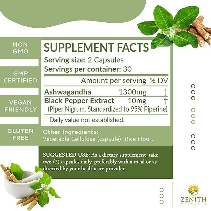 Ashwagandha 1300mg w/Black Pepper Extract, Stress & Coritsol Support, Immune Support Supplement, 60 ct