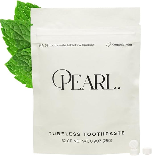 Pearl Fluoride Mint Toothpaste Tablets | Natural Whitening | Sensitivity Relief | Dentist Developed | TSA Approved | Plastic-Free | Reusable Packaging | 62 Tablets | Refill Pouch