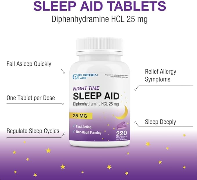 Puregen Labs Sleep Aid Caplets, Diphenhydramine HCl 25mg - 220 Count | Supports Deeper, Restful Sleeping, Non Habit-Forming | Made in USA