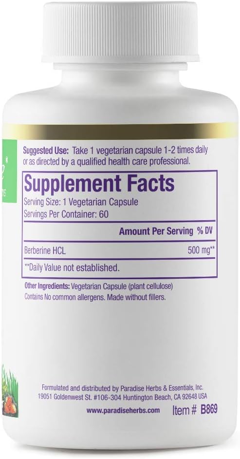 Paradise Herbs, Berberine Extract, 500 mg, Pure & Potent Berberine Supplement, Vegan, Non-GMO, Gluten Free, 60 Vegetarian Capsules