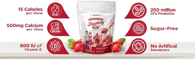 BariatricPal Sugar-Free Calcium Citrate Soft Chews 500mg with Probiotics (90 Count) - Strawberry Twist