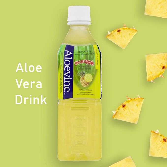 Aloevine Aloe Vera Drink Pineapple healthy juice pure with chunks of aloe l 16.9 oz. 10 pack l plant based Vegetable Korean drinks