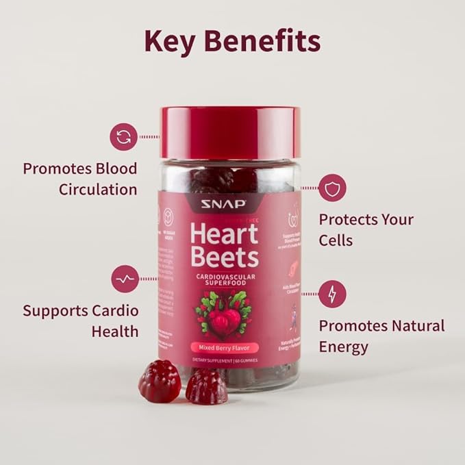 Snap Supplements Heart Beets Organic Beet Root Gummies, Cardiovascular Support Supplement for Men & Women, Pomegranate, Red Spinach, Heart Health & Circulation Support, Sugar Free, Cherry, 60 Gummies