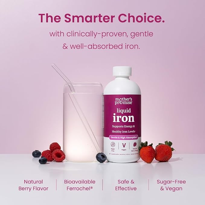 Organic Liquid Iron Supplement for Women, Men & Kids with Vitamin C | Sugar Free Natural Berry Flavor Non Constipating Vegan Ferrochel® Iron Supplements for Healthy Blood, Prenatal & Postnatal
