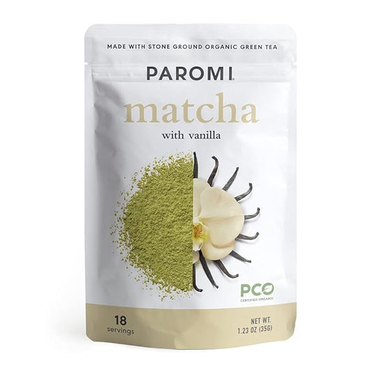 Paromi Tea Matcha With Vanilla 35 Grams, Organic Stone-Ground Organic Green Tea with Natural Vanilla Flavor, Serve Hot or Iced, Blend, Whisk, Stir, or Shake into Water or Milk