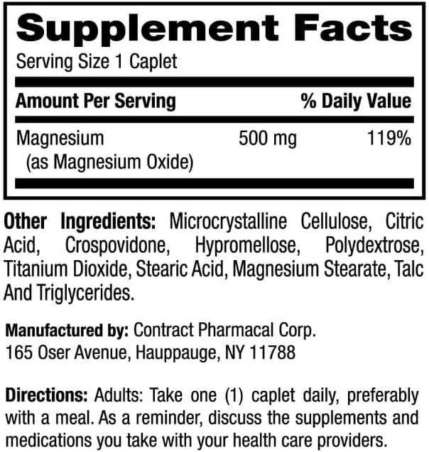 Earth's Splendor Bone & Muscle Magnesium Supplement for Men & Women, No Artificial Preservative or Flavor, Supports Bone & Muscle Health, Wheat Free (500mg, 100 Caplets)