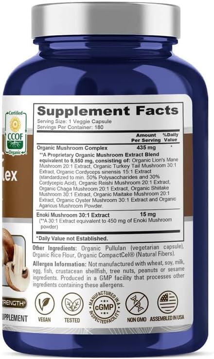 NusaPure Organic Mushroom Complex 10,000mg per Capsule, 180 Veggie Caps, Non-GMO, Enoki, Turkey Tail, Reishi, Chaga, Maitake