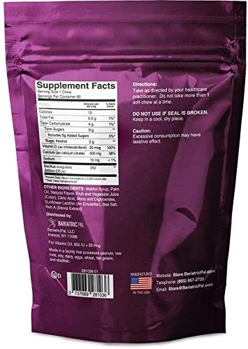 BariatricPal Sugar-Free Calcium Citrate Soft Chews 500mg with Probiotics (90 Count) - Wild Grape