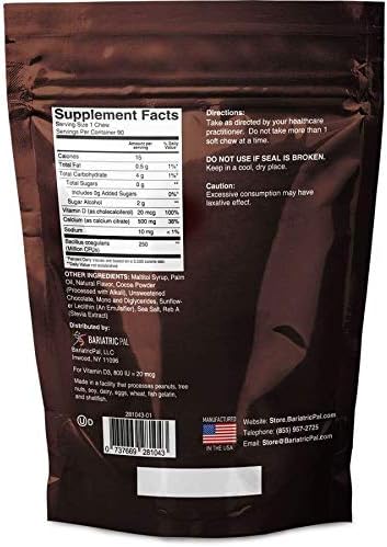 BariatricPal Sugar-Free Calcium Citrate Soft Chews 500mg with Probiotics (90 Count) - Belgian Chocolate Caramel