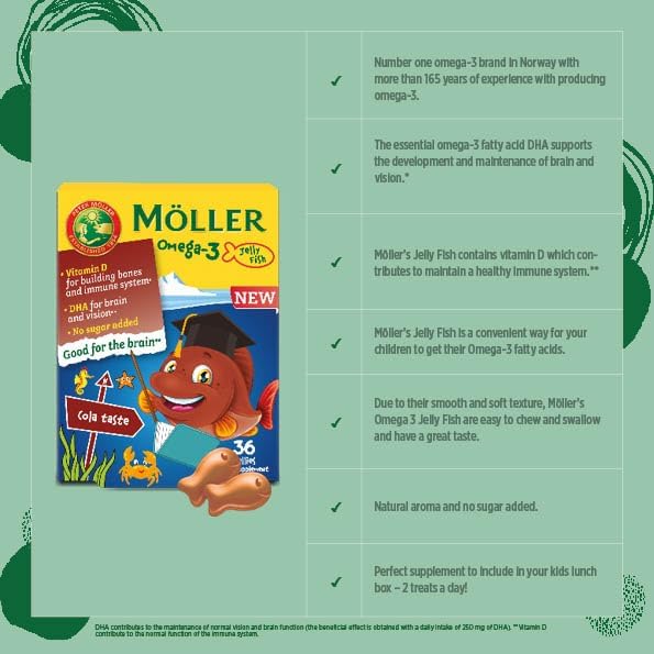 MÖLLER'S Omega 3 Capsules, Natural Fish Oil Omega3 for Kids with DHA and EPA, No Gluten, Lactose or Added Sugar & Easy to Chew, Cola Flavor, 36 Capsules