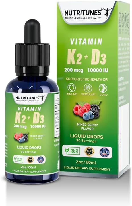 K2 D3 Liquid Drops–Vitamin D3 10,000 IU & Vitamin K2 200 mcg – High-Potency Supplement for Bone, Immune, and Heart Health – Mixed Berry Flavor, Non-GMO, Easy-to-Use – 30 Servings (2oz)