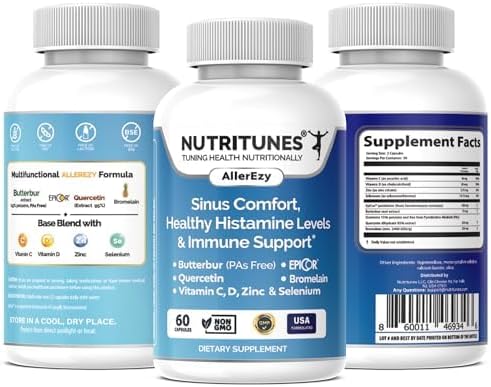 Sinus, Histamine & Immune Support–Butterbur, EpiCor, Quercetin with Bromelain – Allergy Support Supplement – 60 AllerEzy Capsules