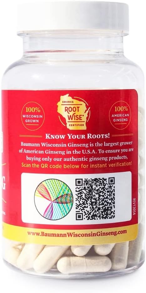 Baumann Wisconsin Ginseng Capsules 60 Pills 400 mg – Pure American Ginseng Root Extract Powder in Each Pill - 100% Natural Panax Ginseng Supplement for Immune Support, Focus and Energy (60 Count)