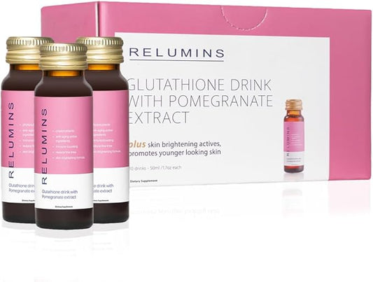 Relumins Glutathione Drink - Helps Promote Brighter and Firm Skin, Boosts Collagen Content, Moisture for a Younger Looking Skintone - Pomegranate Flavor, 50mL x 10 Gluta Shot Bottles