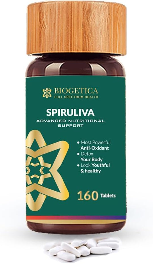 Organic Spiruliva Pills with Astaxanthin - Non-GMO, Rich in Vegan Protein, Vitamins & Prebiotics - 100% Vegan Ayurveda Supplement - 160 Tablets