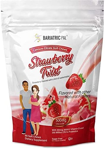 BariatricPal Sugar-Free Calcium Citrate Soft Chews 500mg with Probiotics (90 Count) - Strawberry Twist