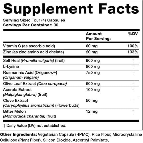 Olympian Labs VRL-X Advanced Immune Support, Vitamin C, Zinc & Lysine, May Aid in Cold Sore Relief, 120 Capsules