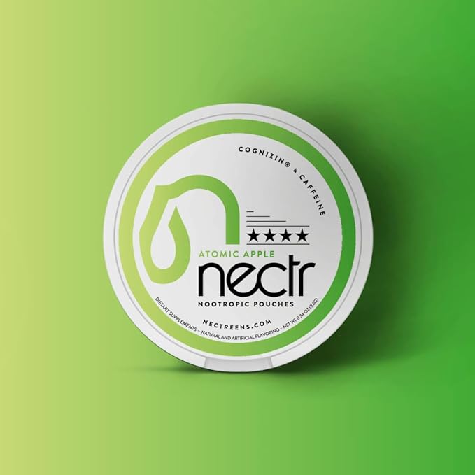 Nectr Energy Nootropic Pouches – Atomic Apple Flavored, Caffeine Pouches with Cognizin® Citicoline. Sugar-Free Brain Treats. Smooth, Sustained Focus & Energy Supplement - 1 Puck of 16pcs