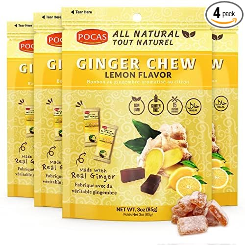 Pocas Lemon Ginger Chews - Sweet and Zesty Ginger Chew, Individually Wrapped Low-Calorie Snacks, Ginger Candy Made with Pure Cane Sugar, 3 Oz Ea (Pack of 4)