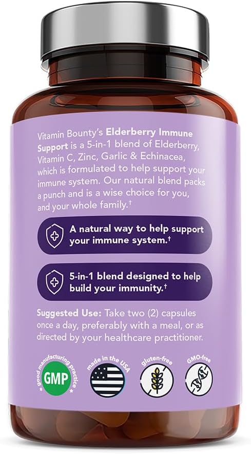 Vitamin Bounty Elderberry Organic Elderberry Capsules for Adults - Vitamin C and Zinc Supplement, & Echinacea, Immune System Support, Advanced 5-in-1 Blend, Non-GMO - 60 Capsules