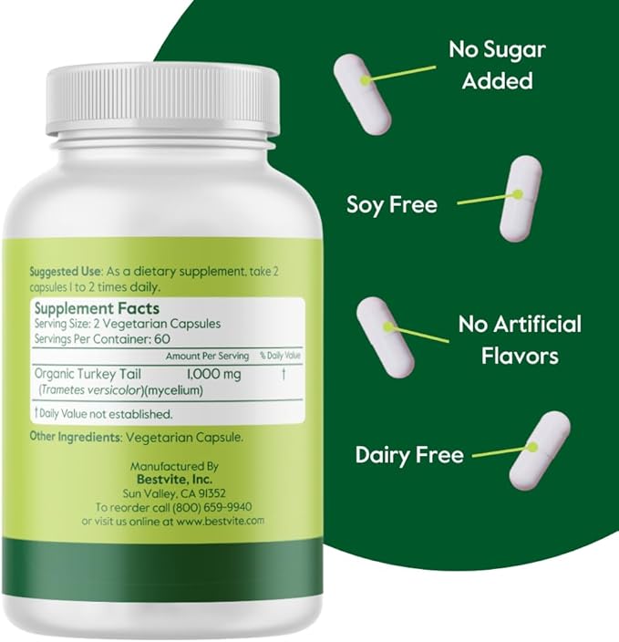 Organic Turkey Tail 500mg (120 Veggie Capsules) - No Stearates - Vegan - Non GMO - Gluten Free - Certified Organic Turkey Tail