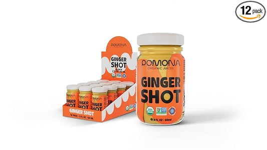Pomona Organic Juices Ginger Shot (Pack of 12), Kosher, Non GMO, Cold-Pressed, 2 oz Glass Bottles