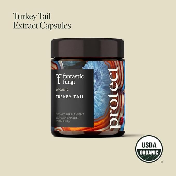 Organic Turkey Tail Mushroom Capsules - Mushroom Supplement for Gut Health & Immune Support, Functional Mushrooms, Adaptogen pills, Turkeytail extract - Vegan- Glass Jar, 120 Caps, 2 Month Supply