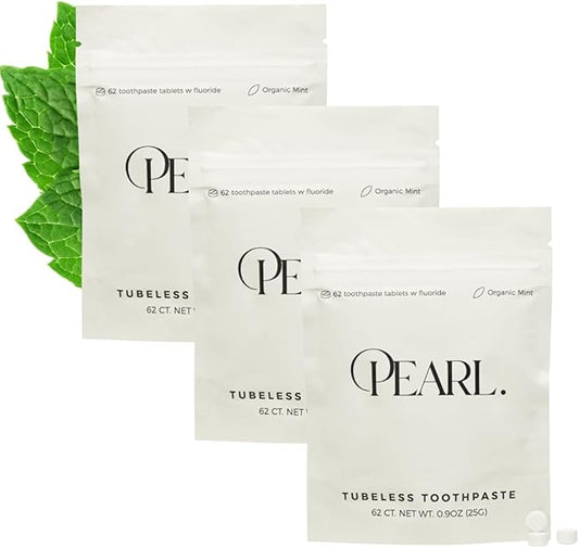 Pearl Fluoride Mint Toothpaste Tablets | Natural Whitening | Sensitivity Relief | Dentist Developed | TSA Approved | Plastic-Free | Reusable Packaging | 186 Tablets | 3 Refill Pouches