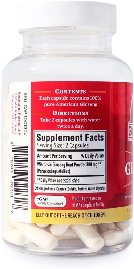 Baumann Wisconsin Ginseng Capsules 60 Pills 400 mg – Pure American Ginseng Root Extract Powder in Each Pill - 100% Natural Panax Ginseng Supplement for Immune Support, Focus and Energy (60 Count)
