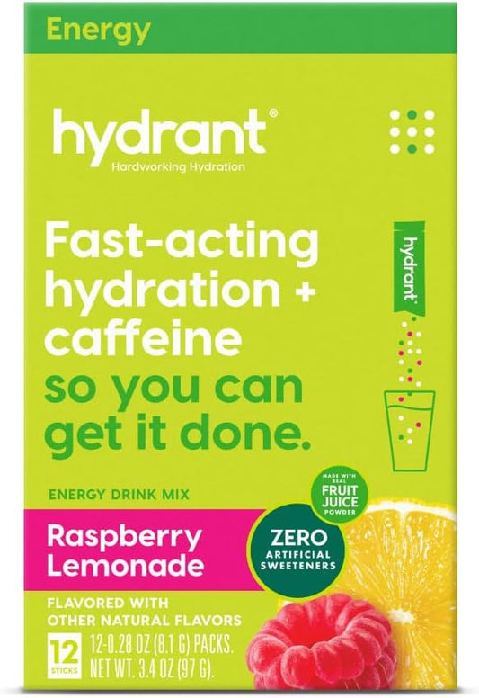 Hydrant Energy 12 Stick Pack, Caffeine & L-Theanine Rapid Hydration Mix, Electrolyte Hydration Powder Packets with Zinc (Raspberry Lemonade, 12 Count)