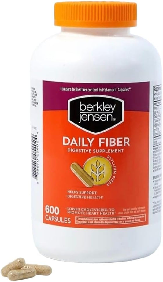Berkley Jensen Daily Psyllium Husk Supplement (600 - Count), Natural Fiber for Men & Women - Fiber Capsules for Overall Digestive Health, Easing Constipation, Aiding Nutrient Absorption, Made in USA