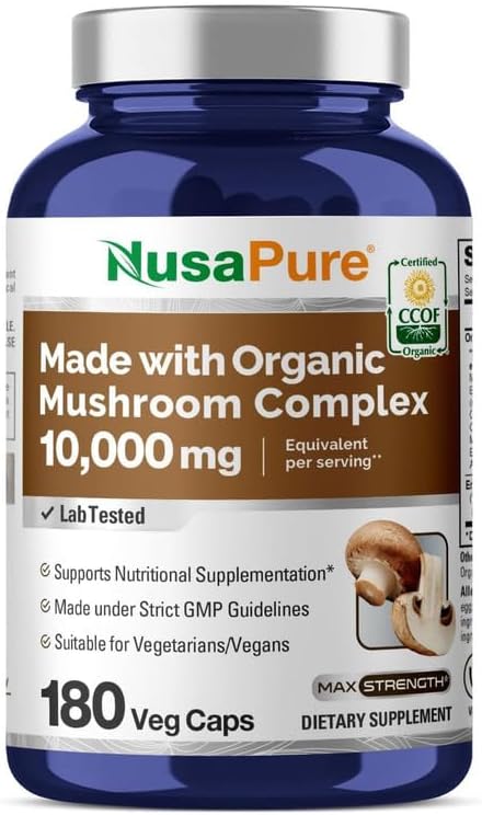 NusaPure Organic Mushroom Complex 10,000mg per Capsule, 180 Veggie Caps, Non-GMO, Enoki, Turkey Tail, Reishi, Chaga, Maitake