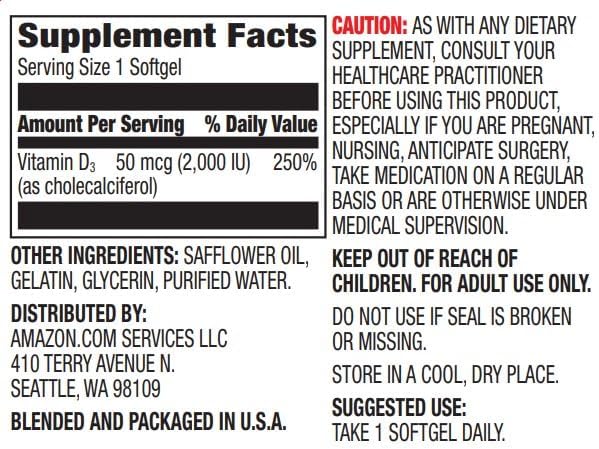 Amazon Elements Vitamin D3, 2000 IU, 180 Softgels, 6 Month Supply (Packaging May Vary), Supports Strong Bones and Immune Health (Pack of 2)