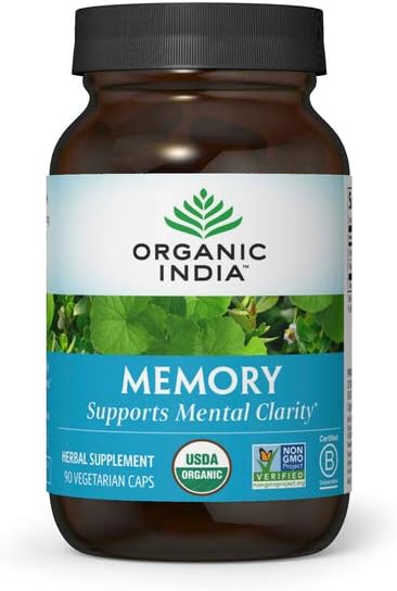 ORGANIC INDIA Memory Herbal Supplement - Brain Supplement for Memory and Focus, Bacopa Monnieri & Gotu Kola Brain Herbal Supplement, Memory Support - USDA Certified Organic, Non-GMO - 90 Capsules