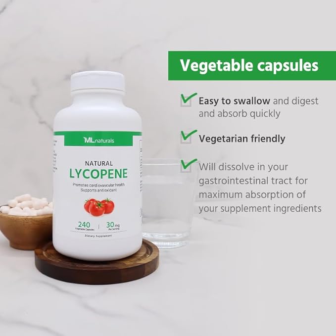 ML Naturals Natural Lycopene 30 mg 240 Vegetable Capsules. All-Natural from Tomatoes. Antioxidant & Immune Support, Cardiovascular Health & Prostate Health, NSF-Certified & cGMP-Compliant.