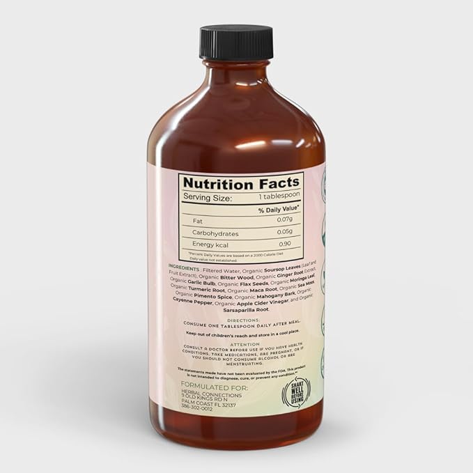 Soursop Bitters Liquid 32 Ounces - 64 Servings - 20 Herb Formula with Soursop, Moringa, Sea Moss, Turmeric, Ginger & Cayenne | Gut Health, Natural Cleanse & Daily Wellness | Vegan & Organic