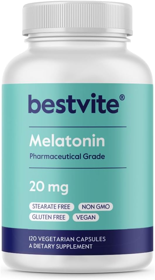 BESTVITE Melatonin 20 mg - 120 Veg Caps - No Stearates - No Sucralose, No Dextrose, No Silicon Dioxide, No Mannitol - Vegan - Non-GMO - Gluten-Free
