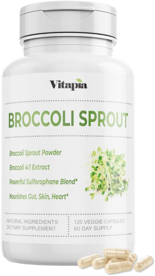 Organic Broccoli Sprout & Broccoli Extract for Sulforaphane, Antioxidant, Brain, Skin, Heart Health Support - 120 Veggie Capsules - Non-GMO, Gluten-Free, Vegan-Friendly Supplement