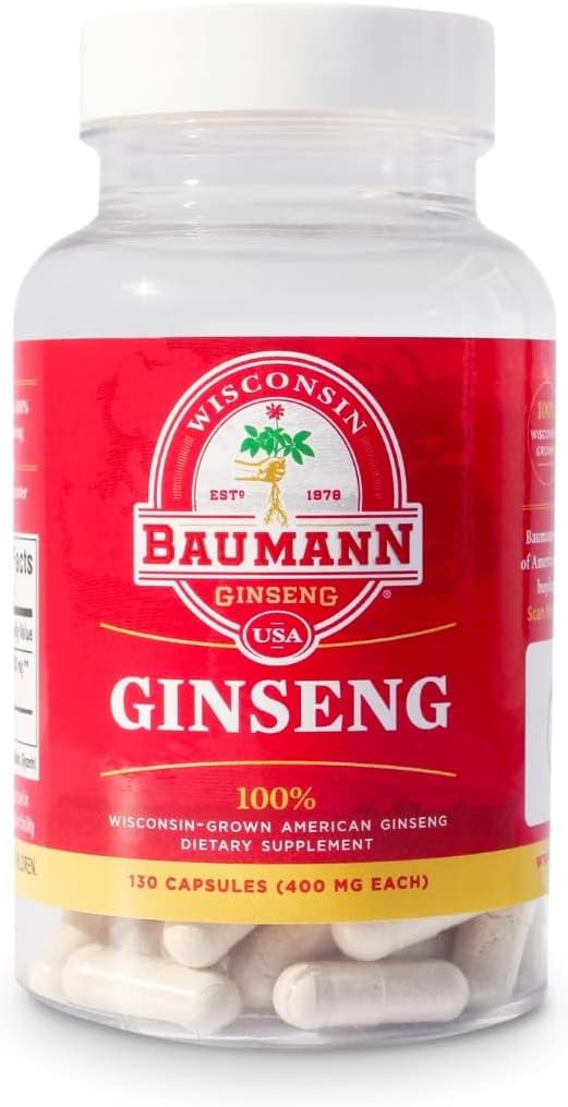 Baumann Wisconsin Ginseng Capsules 60 Pills 400 mg – Pure American Ginseng Root Extract Powder in Each Pill - 100% Natural Panax Ginseng Supplement for Immune Support, Focus and Energy (60 Count)