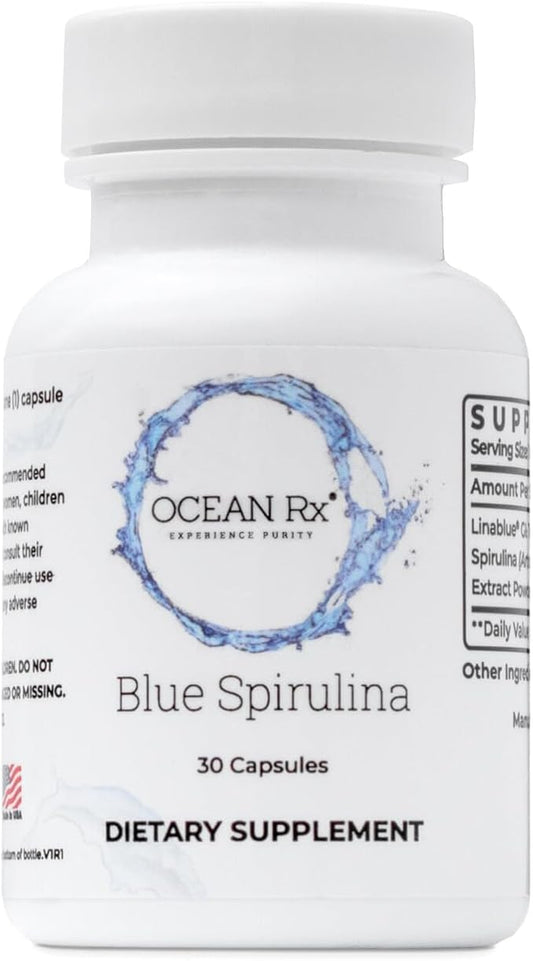 Organic Pure Blue Spirulina Capsules | Natural Superfood | Prebiotic Phycocyanin Supplement | Healty Skin, Oral Health, & Wound Recovery | 30 Serving Bottle