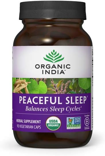 ORGANIC INDIA Peaceful Sleep Herbal Supplement - Deep Sleep Aid, Herbal Sleep Aid for Adults, Natural Sleep Aid Without Melatonin, Supports Sleep Cycles, USDA Certified Organic, Non-GMO - 90 Capsules