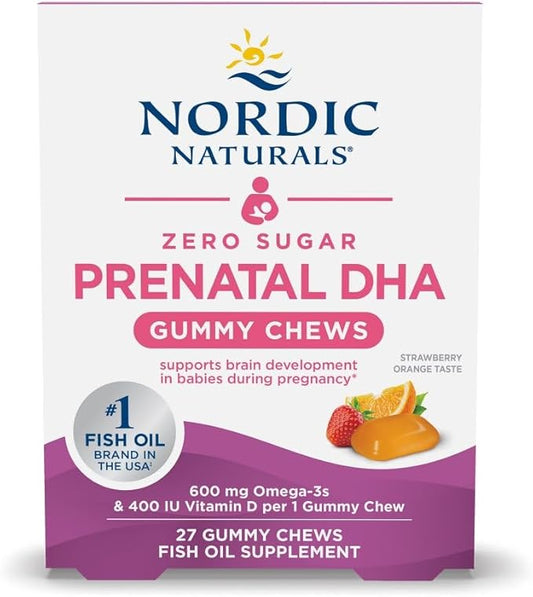 Nordic Naturals Zero Sugar DHA Prenatal Vitamin Gummies, Strawberry Orange Flavor - 27 Gummies - Supplements for Pregnancy - 600 mg Omega-3 Fish Oil and 400 IU Vitamin D3-27 Servings