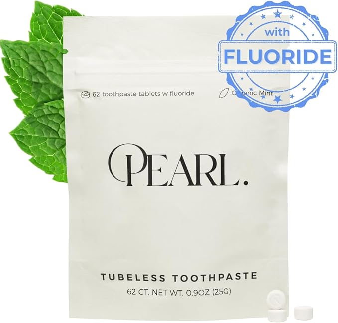 Pearl Fluoride Mint Toothpaste Tablets | Natural Whitening | Sensitivity Relief | Dentist Developed | TSA Approved | Plastic-Free | Reusable Packaging | 62 Tablets | Refill Pouch