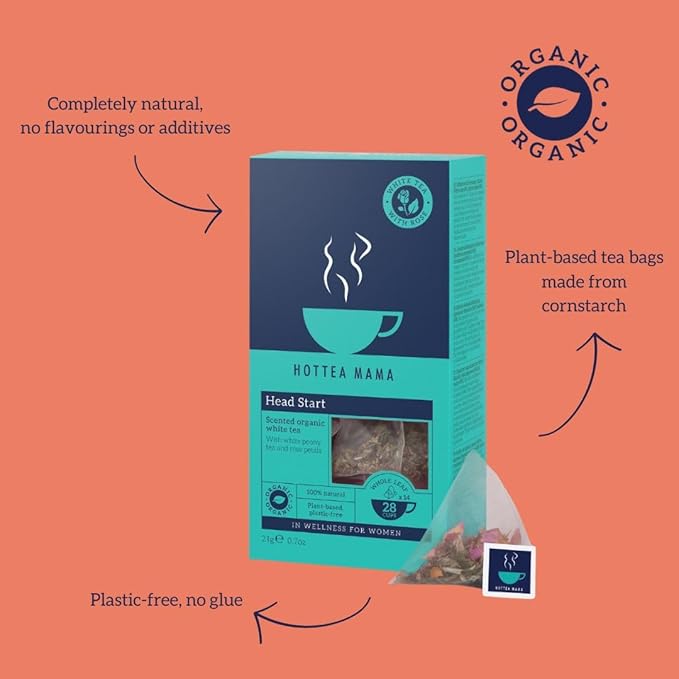 HOTTEA MAMA | Head Start | Organic White Tea & Rose Herbal Blend | Slow Release Caffeine L-Theanine | For Alertness & Brain Fog | 14 Whole Leaf Biodegradable Tea Bags (28 Cups)