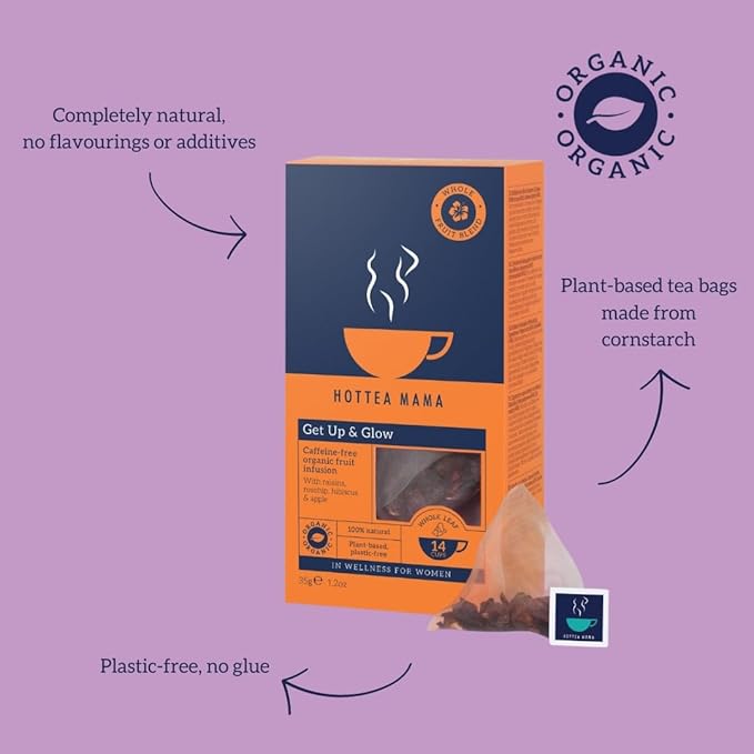 HOTTEA MAMA | Get Up & Glow | Organic Hibiscus Fruit Blend | Caffeine-Free | Antioxidant, Vitamin C | 14 Whole Leaf Biodegradable Tea Bags