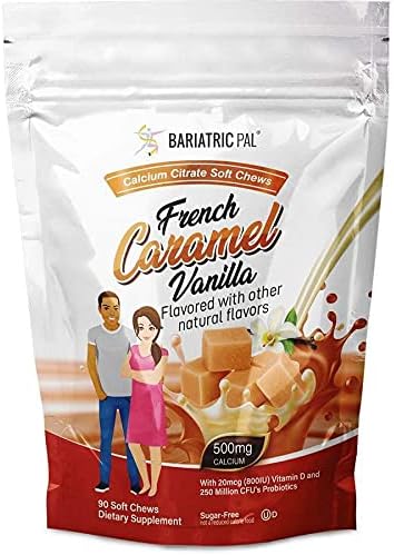 BariatricPal Sugar-Free Calcium Citrate Soft Chews 500mg with Probiotics (90 Count) - French Caramel Vanilla