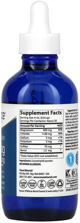 Trace Minerals | Mega-Mag 400 mg Liquid Magnesium Chloride | Supports Normal Muscle Function | 60 Servings, 4 fl oz (2 Pack)