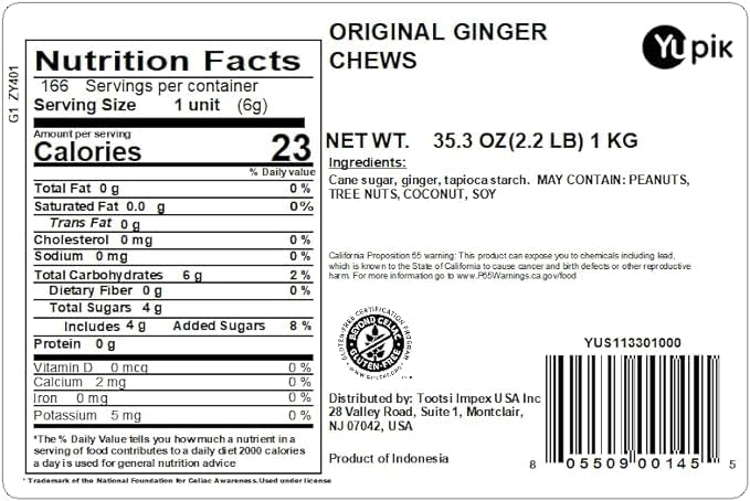 Yupik Ginger Chews, Candy, 2.2 lb, Gluten-Free, Individually Wrapped Candies, Soft & Chewy Bites, Made with Real Ginger, Sweet & Spicy, Quick Snacks