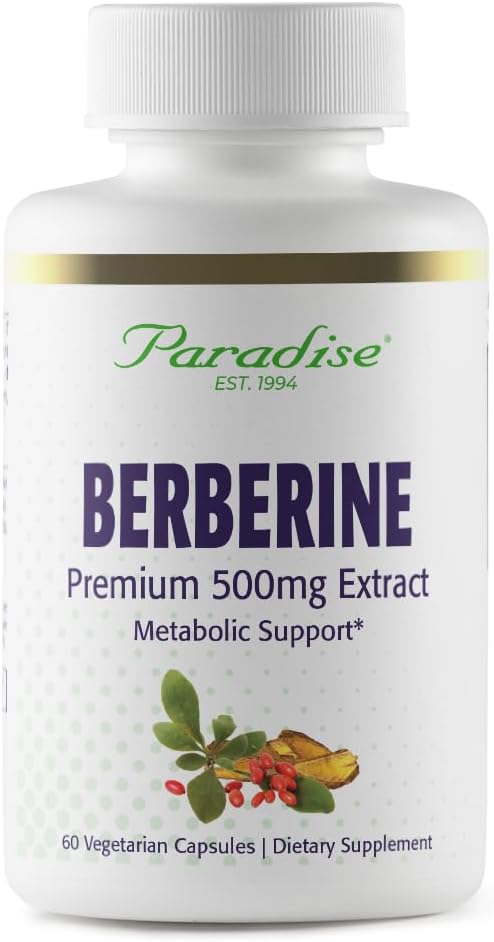 Paradise Herbs, Berberine Extract, 500 mg, Pure & Potent Berberine Supplement, Vegan, Non-GMO, Gluten Free, 60 Vegetarian Capsules